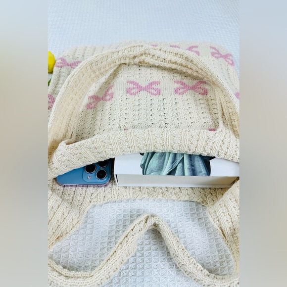 NEW Zenana Cream Pink Bow Knit Tote Bag Coquette Cottagecore Boutique - Picture 3 of 3